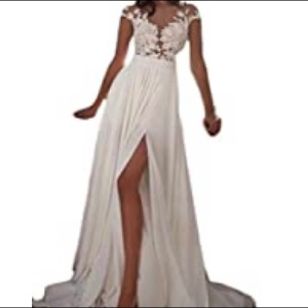 White lace Cap sleeve long maxi floor length prom wedding gown